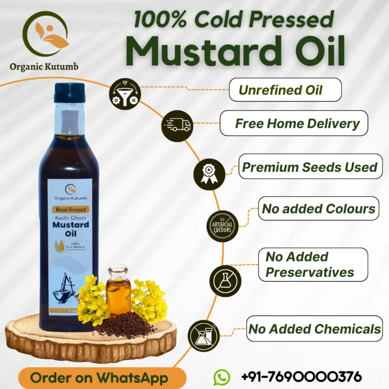 A bottle of Wood Pressed Kachi Ghani Mustard Oil, showcasing its numerous benefits. The golden oil is rich in flavor, nutrition, and authenticity, promoting a healthy lifestyle.