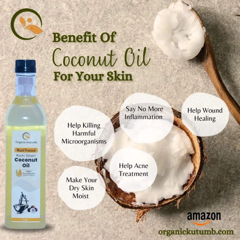 A bottle of wood-pressed kachi ghani coconut oil, showcasing its natural purity and health benefits. The image highlights the essence of organic, cold-pressed goodness for a healthier lifestyle