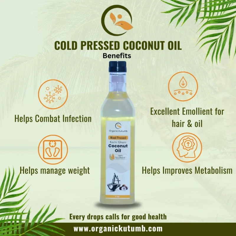 A bottle of wood-pressed kachi ghani coconut oil, showcasing its natural purity and health benefits. The image highlights the essence of organic, cold-pressed goodness for a healthier lifestyle